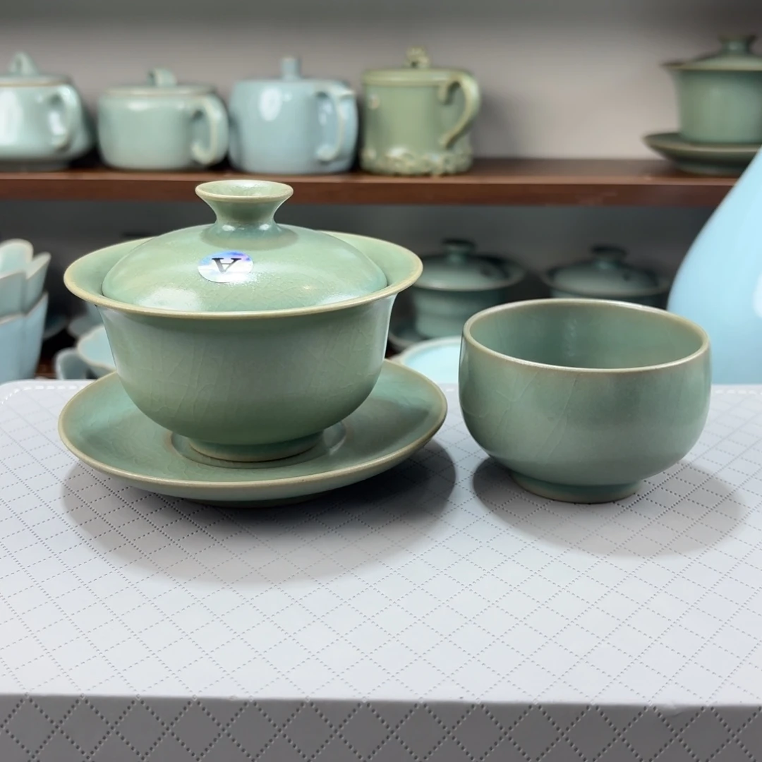 瓷摆件柴窑精品仿古釉三才元宝盖碗送主人杯