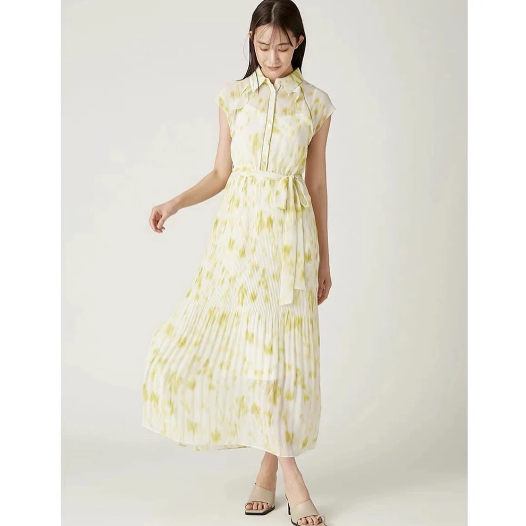 F家小清新翻领印花无袖百褶收腰连衣裙13071