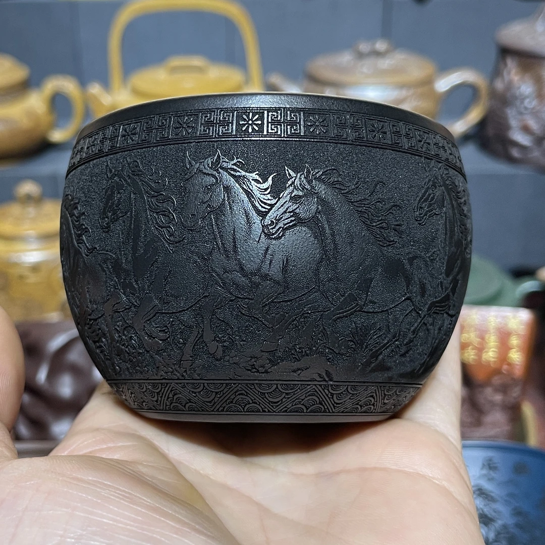 宜兴原矿纯石黄浮雕刻绘八骏图手工紫砂主人杯160毫升水缸杯茶杯