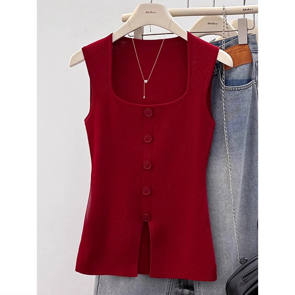 红色无袖吊带背心女夏外穿法式方领设计感别致独特不规则针织上衣