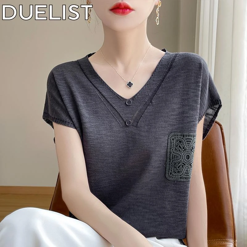 DUELIST舒适凉感针织短袖女领夏轻薄精致钩花时尚爆款亲肤透气恤