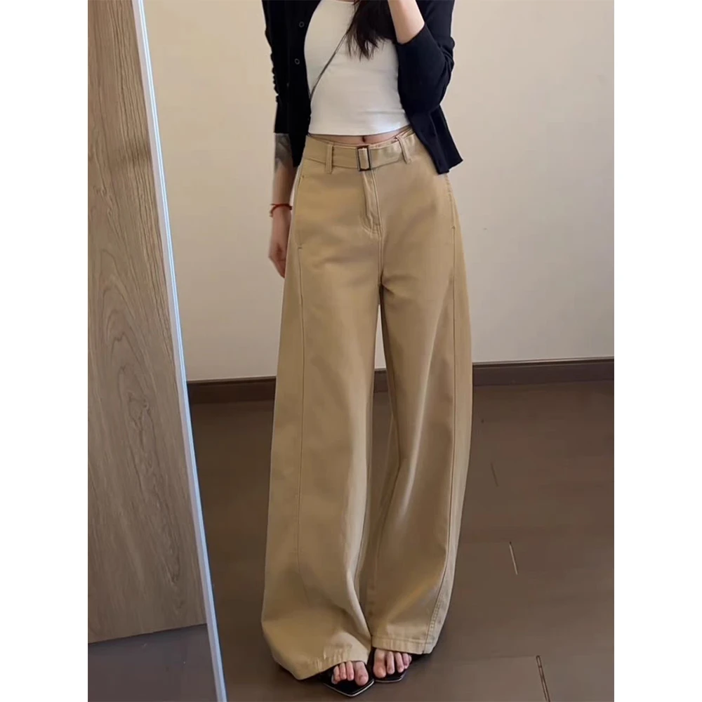 031卡其色阔腿牛仔裤女2025春季高腰显瘦垂感宽松休闲直筒拖地裤