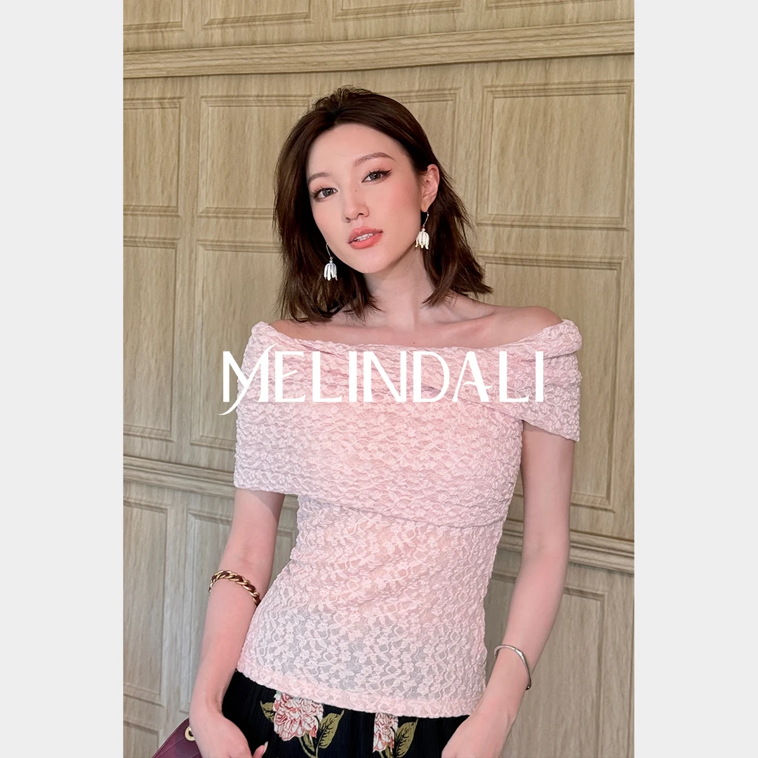 Melinda Li【芭蕾系】珊瑚粉一字肩交叉褶蕾丝修身短袖百搭上衣T