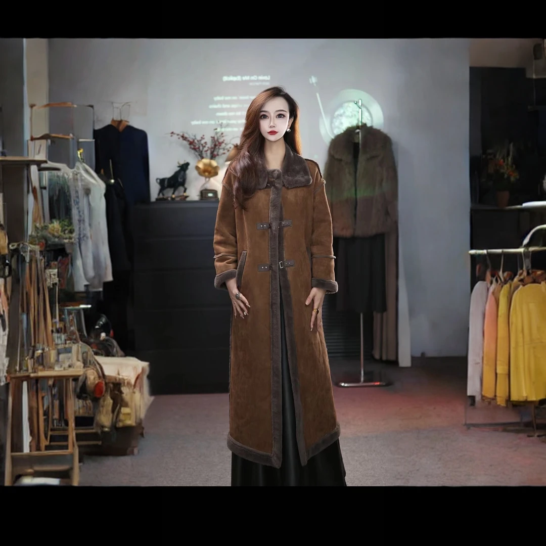 美拉德麂皮绒皮毛一体长款大衣外套女2025冬季新款加厚爆款麂皮绒