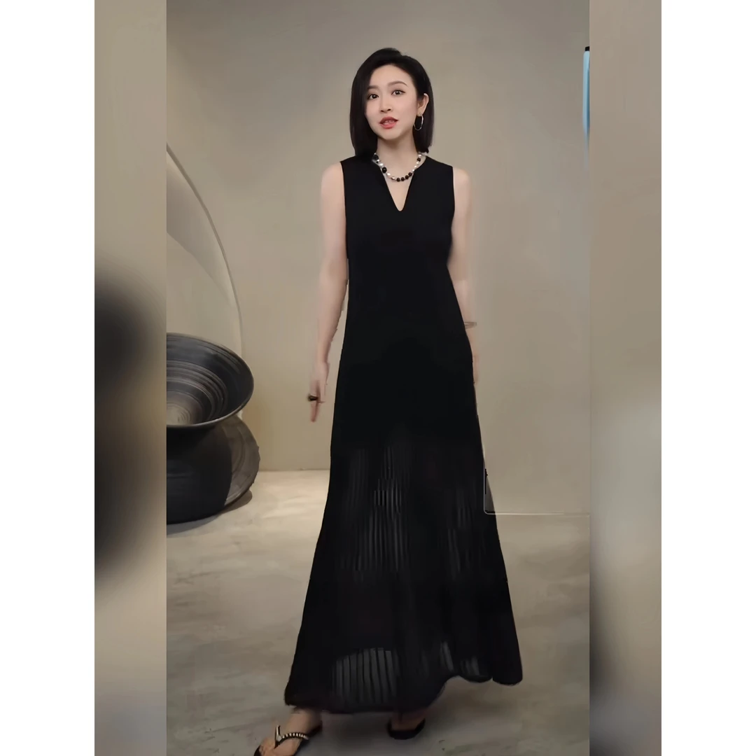 优雅气质小心机炸街微透下摆冰丝针织长裙夏装新款无袖背心连衣裙