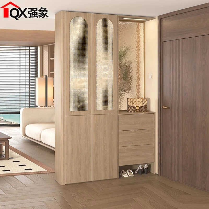 宋式美学藤编入户鞋柜家用门口隔断屏风收纳高柜中古风玄关柜N79