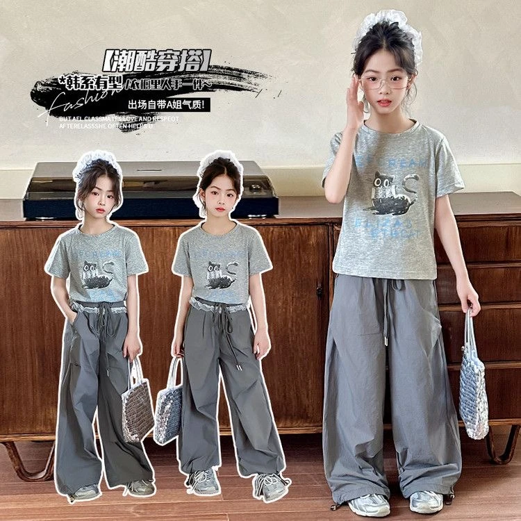 【现货】女童夏季套装2025新款洋气短袖拉链工装裤两件套csc2234