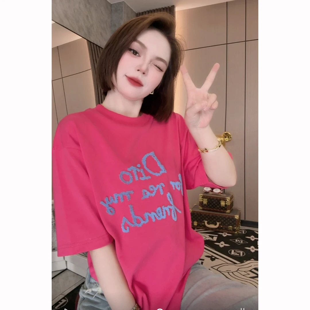 66【马卡龙】2025夏季百搭轻奢潮流重工艺牙刷绣圆领T恤