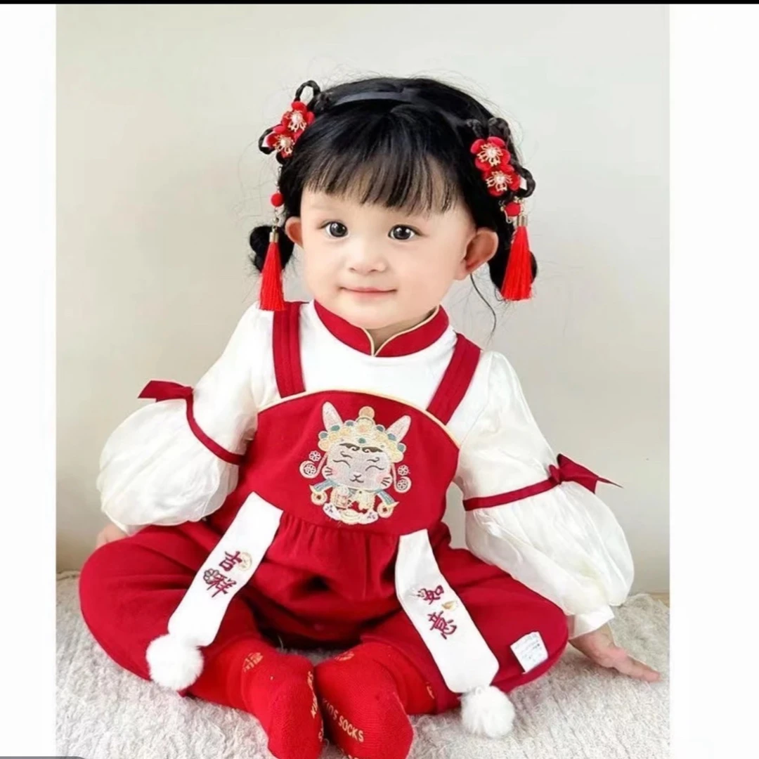 婴儿冬季新年女宝满月百天喜庆加绒棉服抓周唐装中国风外出连体衣