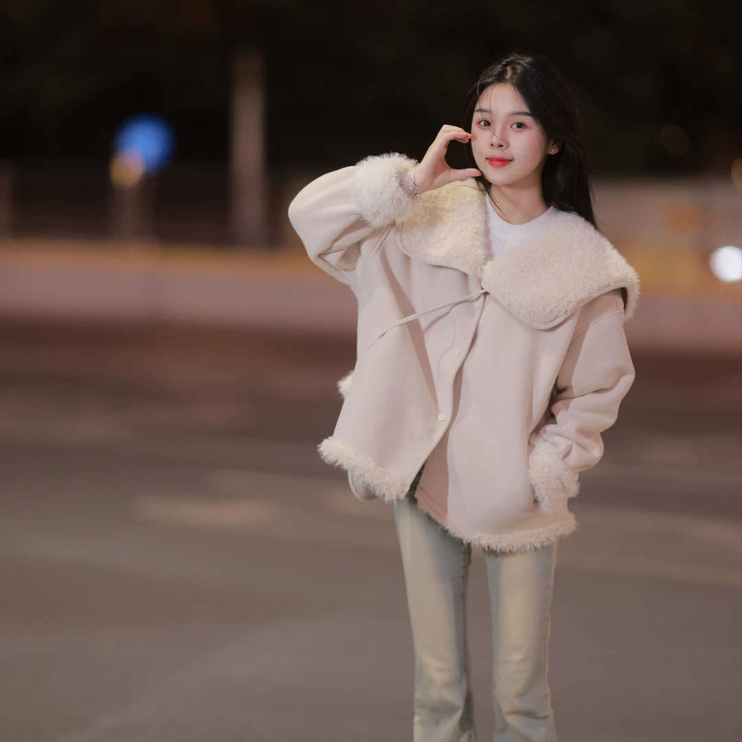 小文【香草可可】秋冬新款短外套麂皮翻领慵懒风设计感休闲百搭保暖