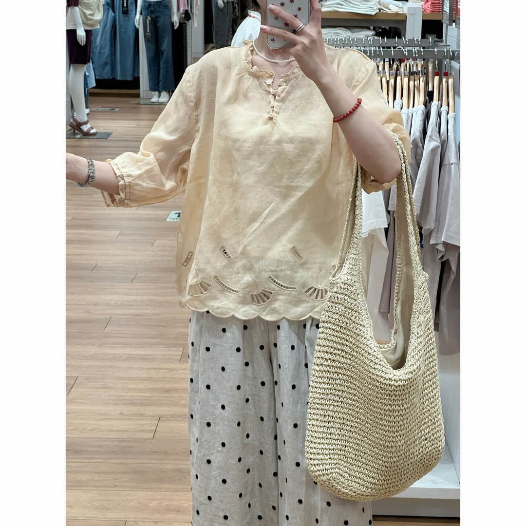 【歡囍】夏季气质宽松时尚镂空绣花边领苎麻小衫休闲百搭