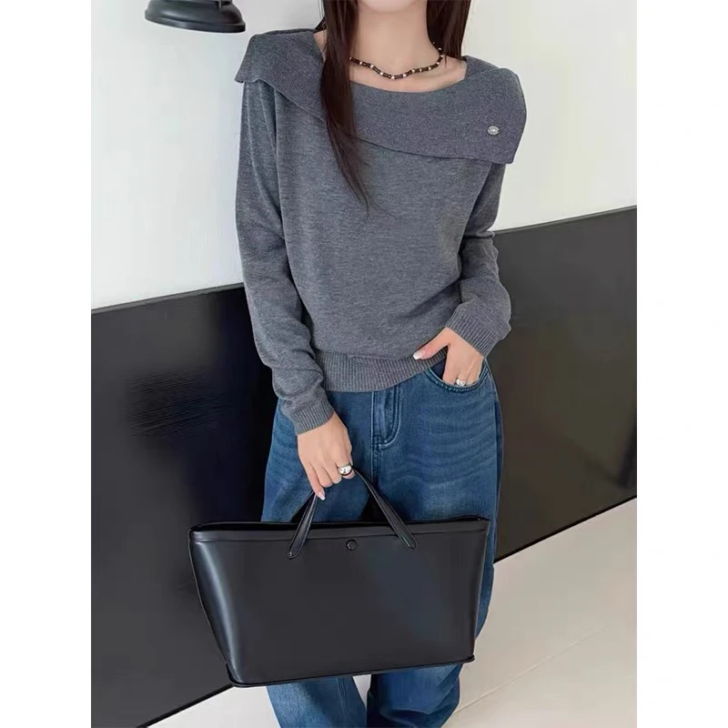 欧洲站2025早秋新款时尚百搭一字领长袖针织衫女修身显瘦上衣潮