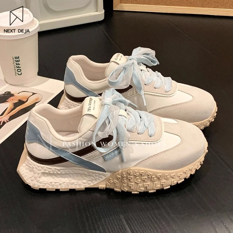 拼色圆头阿甘鞋时尚休闲鞋2025春季鞋子德训鞋运动鞋真皮老爹鞋女