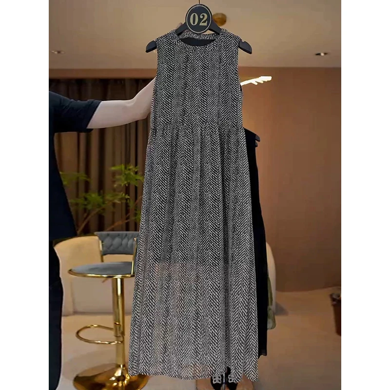 2278#简约休闲宽松无袖连衣裙女夏微胖梨型显瘦设计感背心长裙