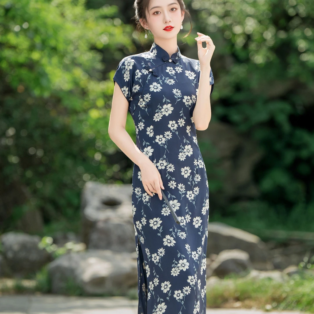 连袖立领日常短袖夏季旗袍碎花中式印花旗袍中国风中长款大码
