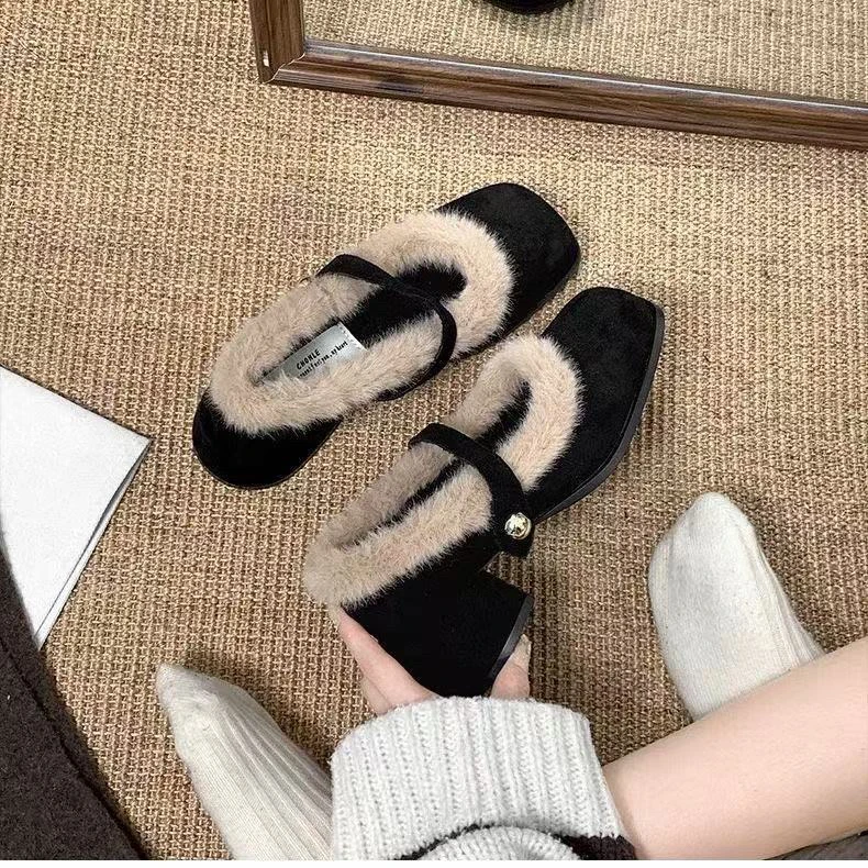 D632玛丽珍鞋防滑平跟网红薄款豆豆鞋包头保暖单鞋学院风