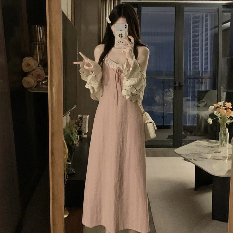 C-3537+9039大码春夏季新款钩花开衫+温柔风吊带裙两件套