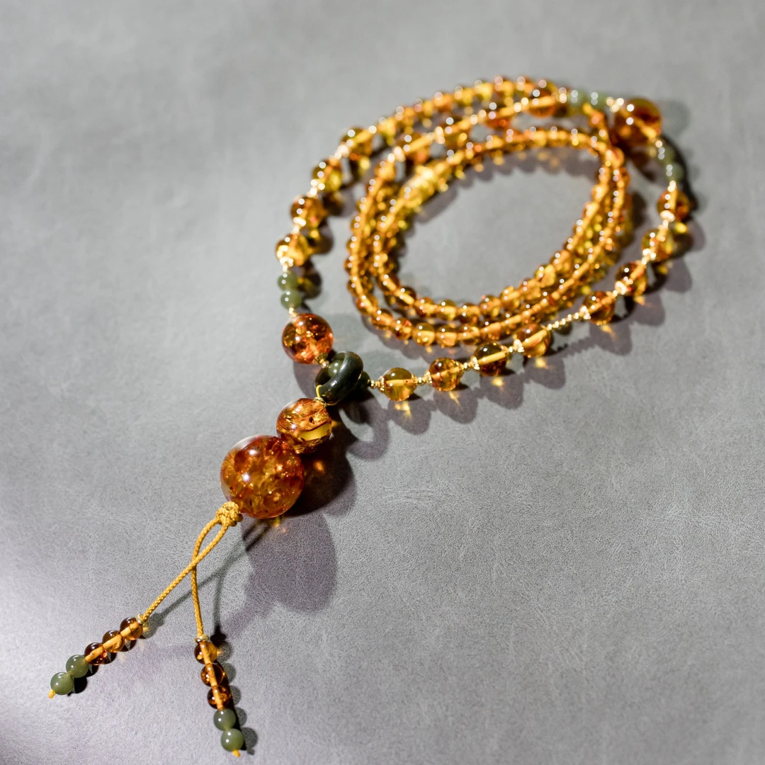 宝仓优选—天然花珀项链葫芦款时尚链手工长款多层民族风雕刻单圈