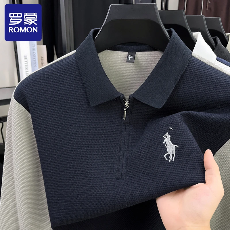 Romon/罗蒙秋季Polo衫男士长袖拼色刺绣高档男装时尚休闲翻领上衣