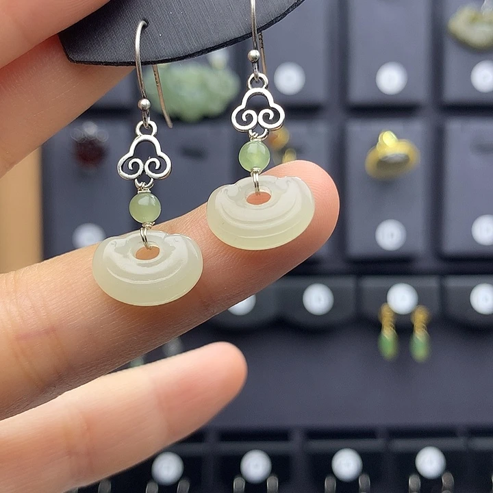 和田玉耳饰银S925镶嵌张*兰