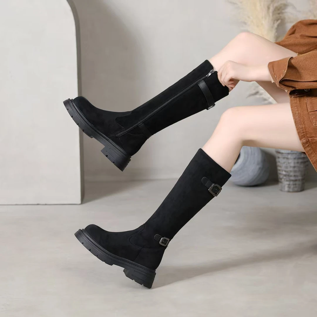 长靴女不过膝2025新款绒面皮带扣厚底百搭增高骑士靴女高筒靴长筒
