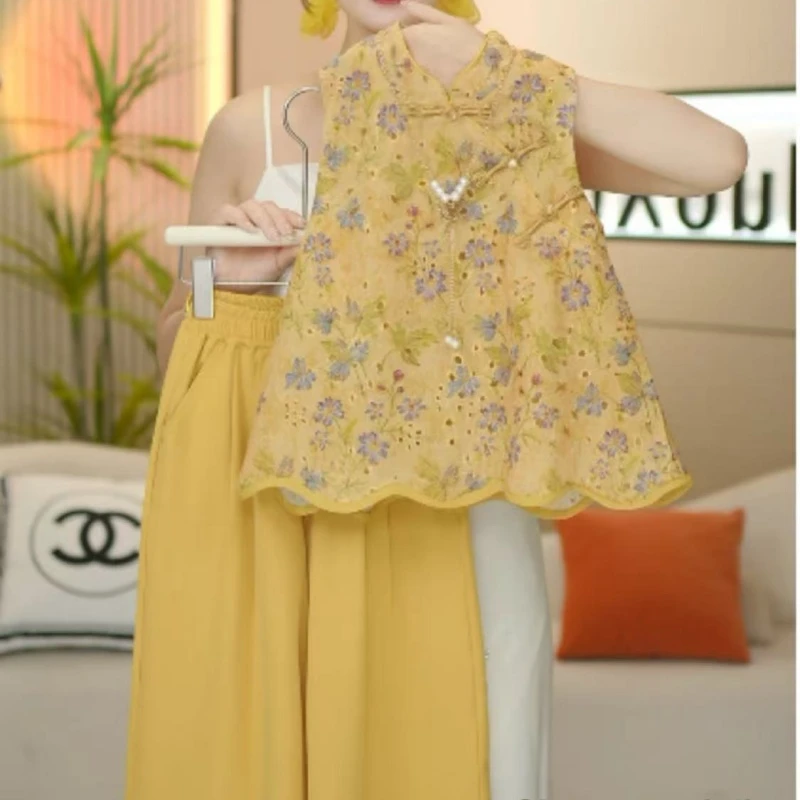 女童汉服套装夏季2025新款儿童国风夏装女孩绣花背心阔腿裤两件套