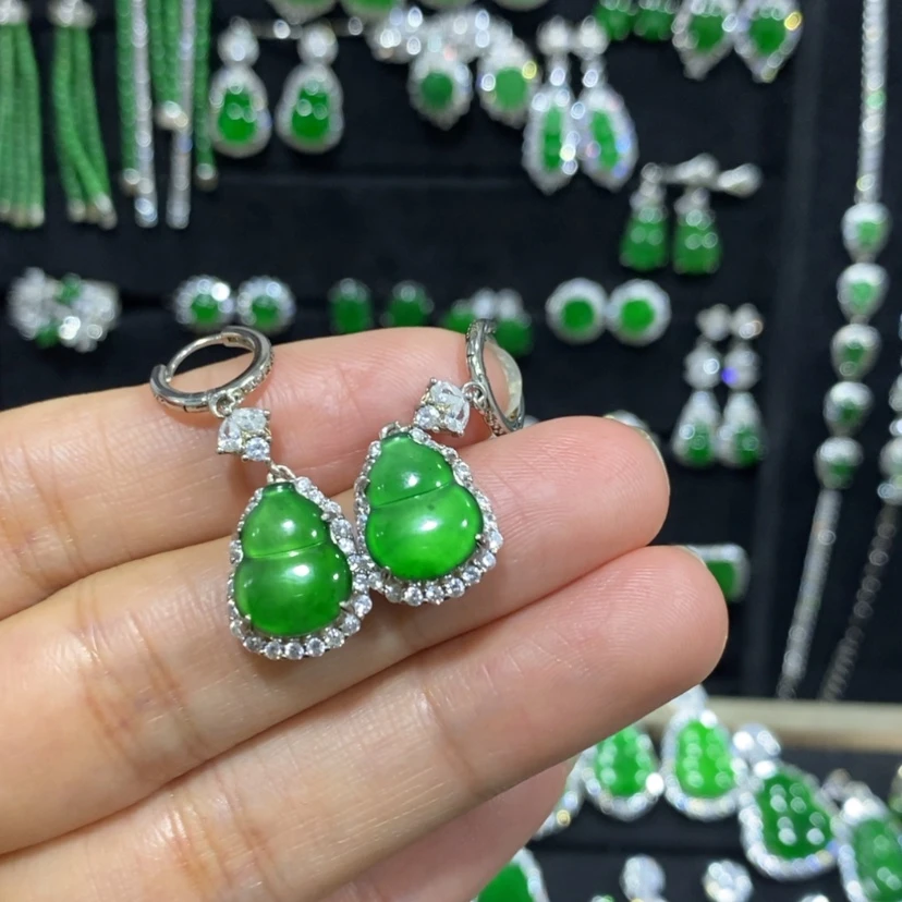 【闪购商品】翡翠耳饰银S925镀金镶嵌