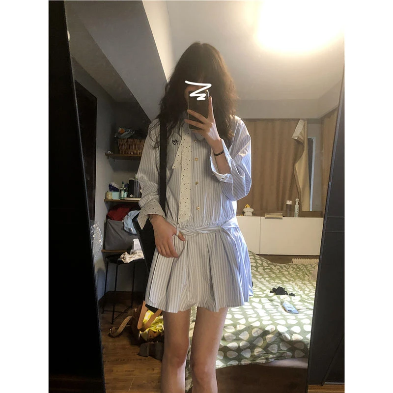 学院风波点拼接撞色条纹衬衫短裙韩系早春设计感收腰系带连衣裙女