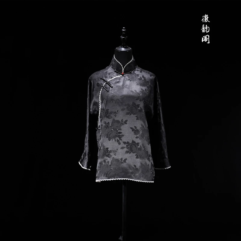 如初见 | 徽韵阁高定黑色牡丹提花立领盘扣中式衬衫