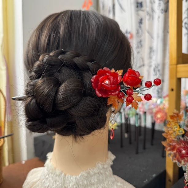 812琉璃木簪红色发饰汉服旗袍盘发头饰国风流苏发饰