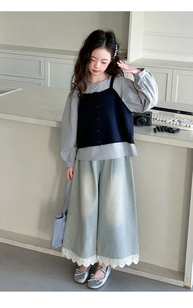 童小乖JBQ&五粒扣吊带线衫马甲牛仔阔腿裤三件套