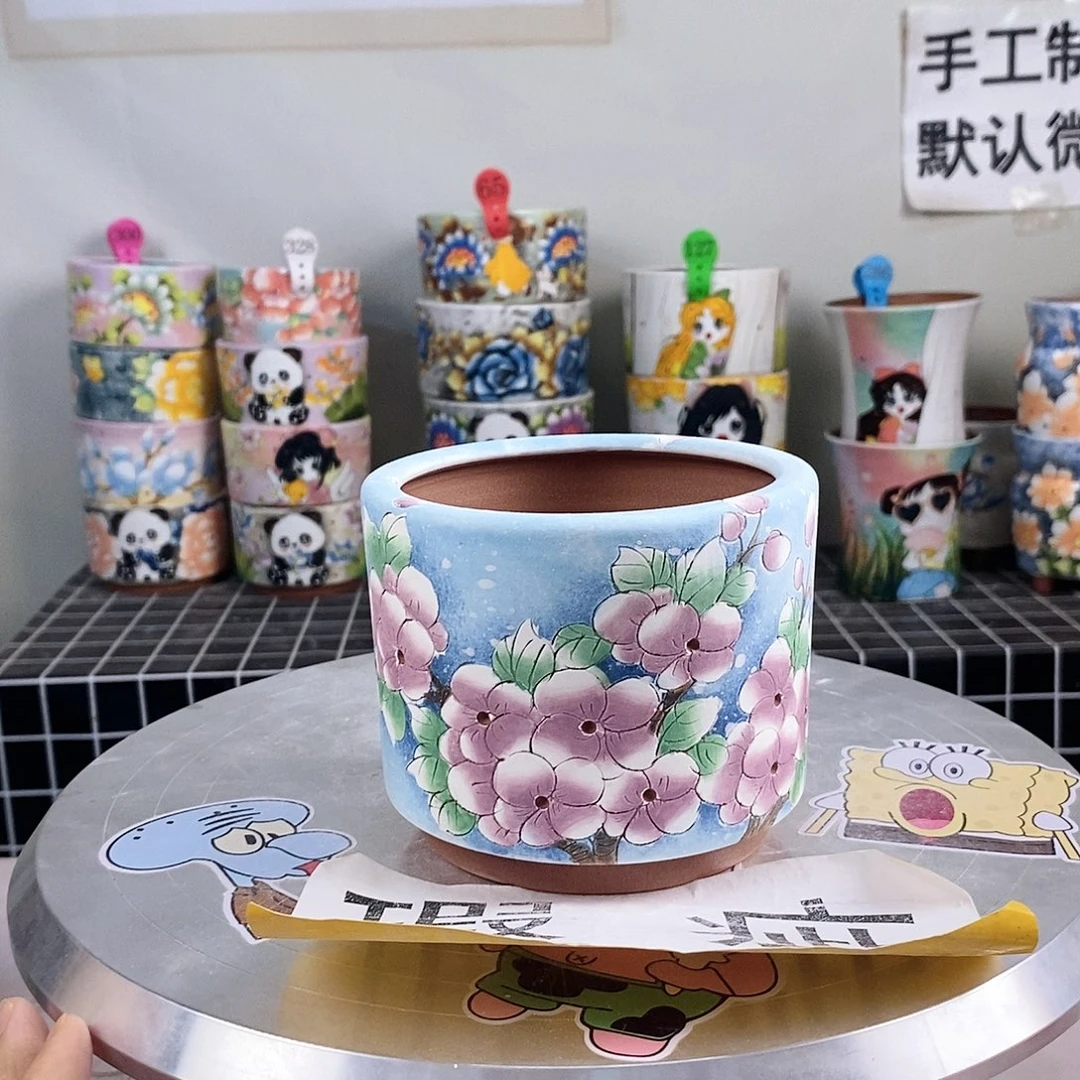 红泥花盆红陶手绘花盆
