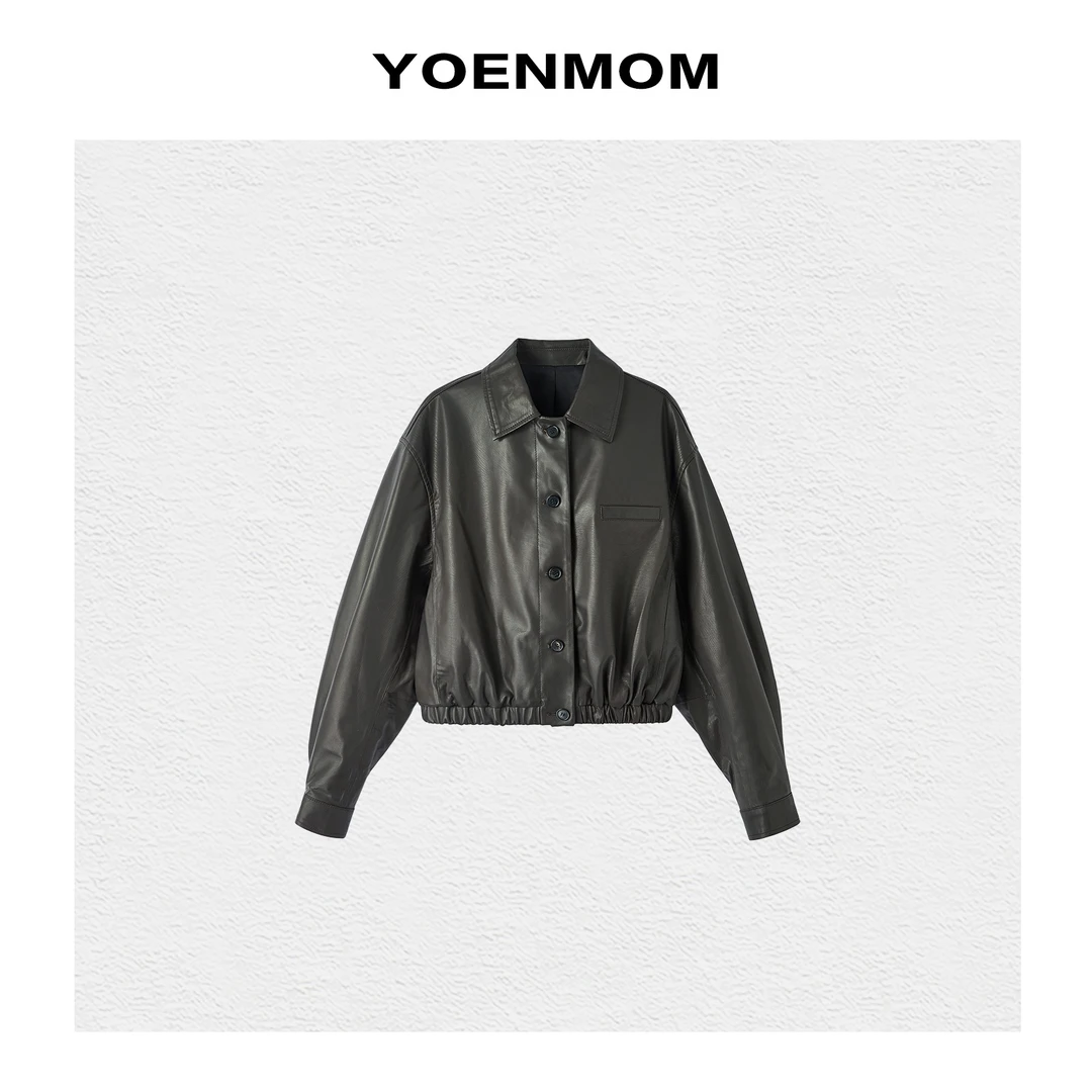 YOENMOM·黑巧·春季新品 意大利进口胎牛皮复古港风休闲短款外套