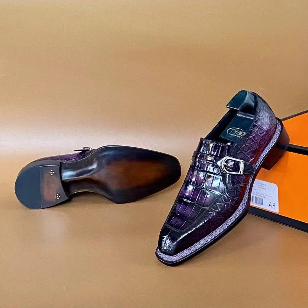 铭哥家高端鳄鱼皮手工擦色固特异挪威缝琴底工艺商务孟克男皮鞋