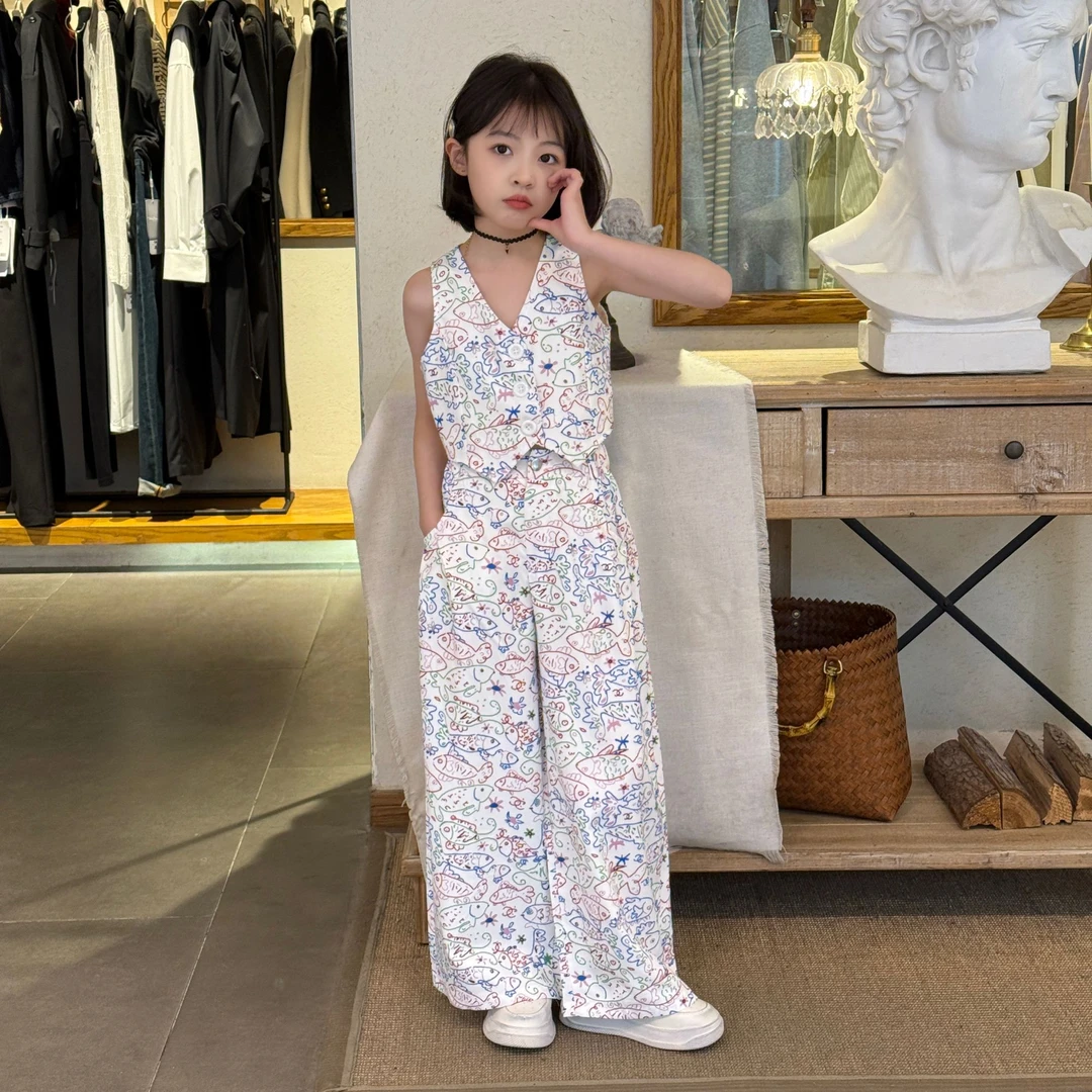 女童小鱼碎花马甲套装2025夏季新款中大童潮流时尚百搭阔腿裤套装