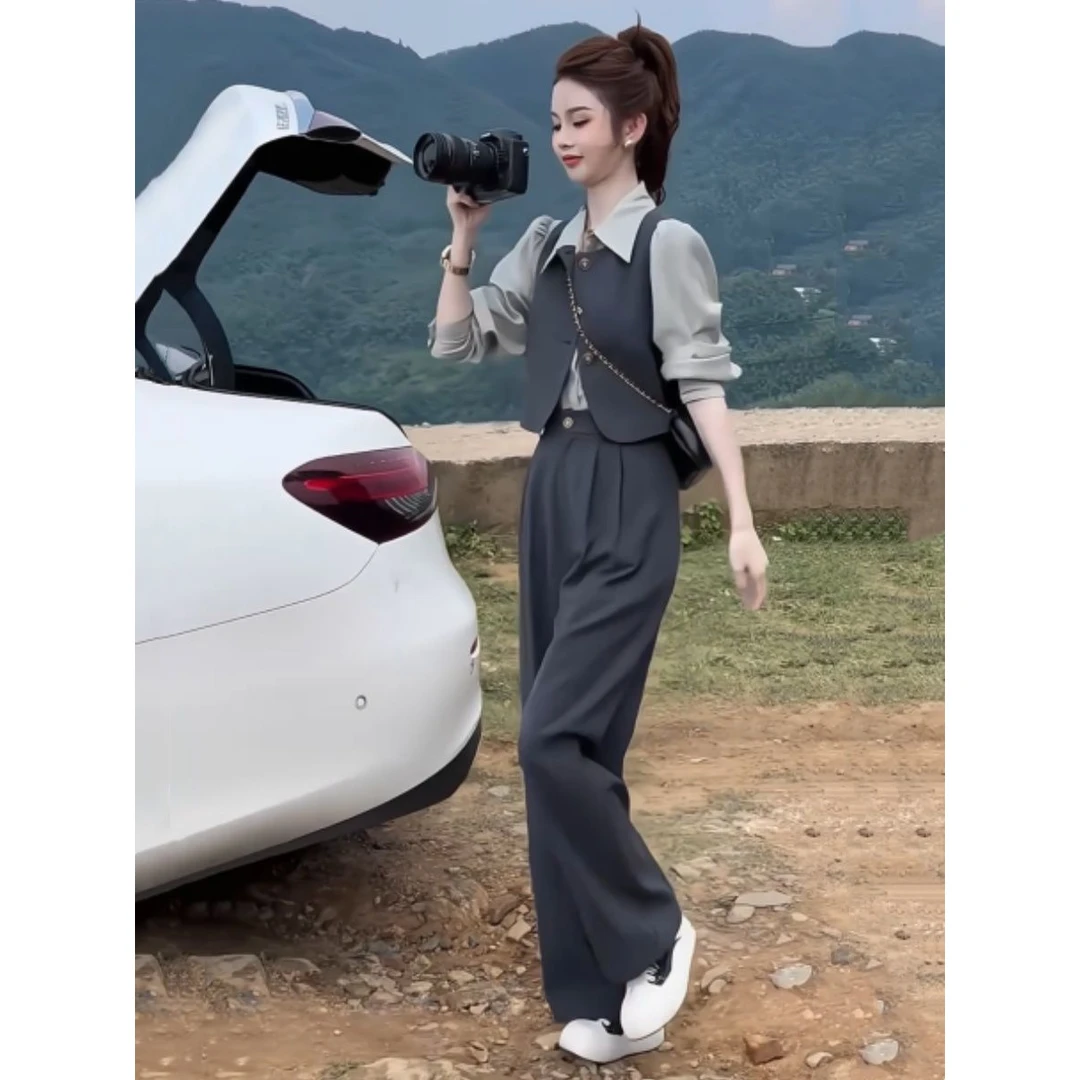 小个子穿搭一整套2025春季新款长袖衬衫西装马甲直筒阔腿裤三件套