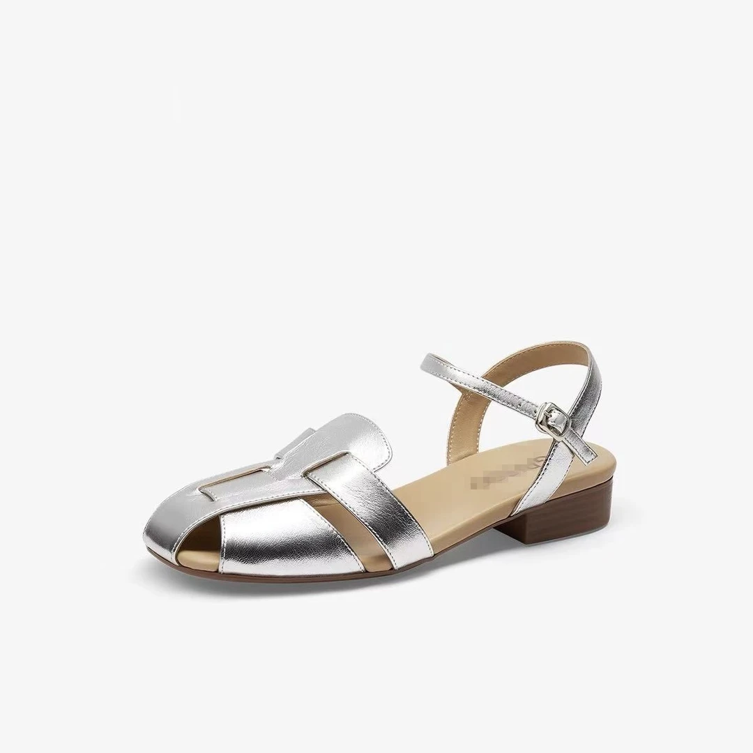 Die愫2025夏季新款超软羊皮配裙罗马凉鞋镂空包头猪笼鞋女