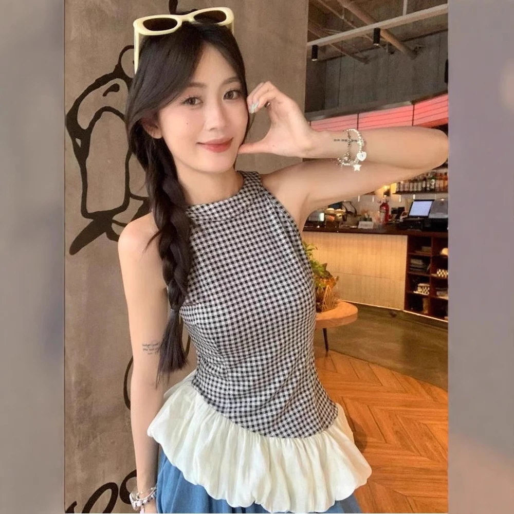 2025气质辣妹芭蕾风格子拼接高级无袖小衫收腰蓬蓬裙女夏上衣
