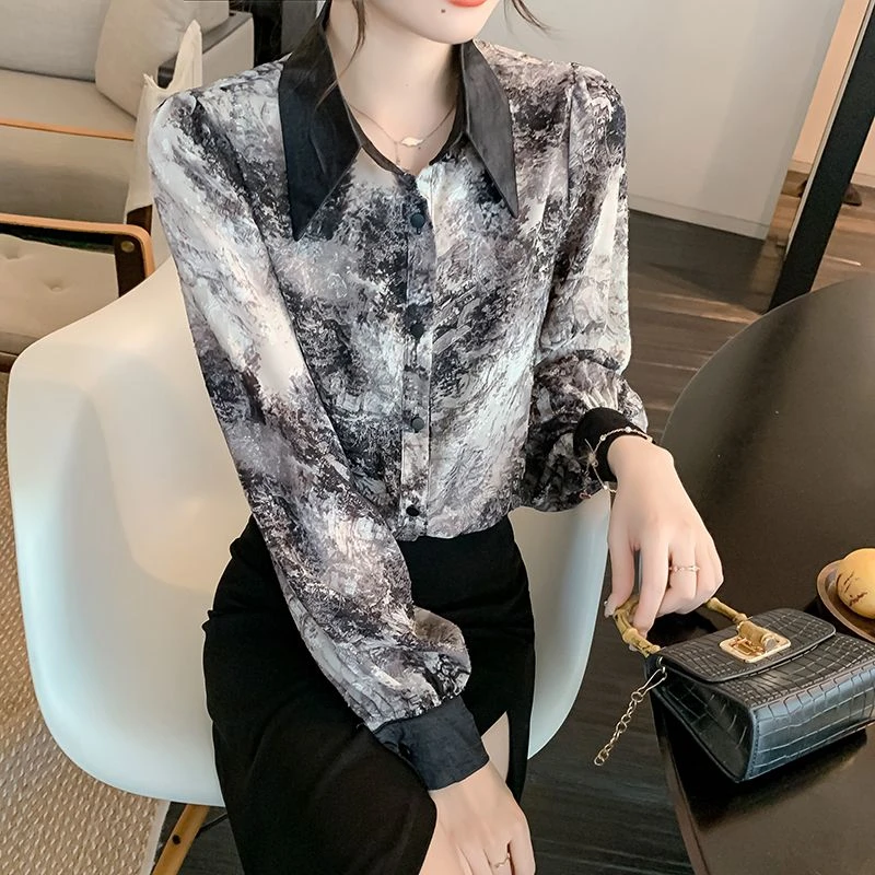 2024春秋新款水墨画衬衫女法式小众设计感拼接百搭气质减龄小衫