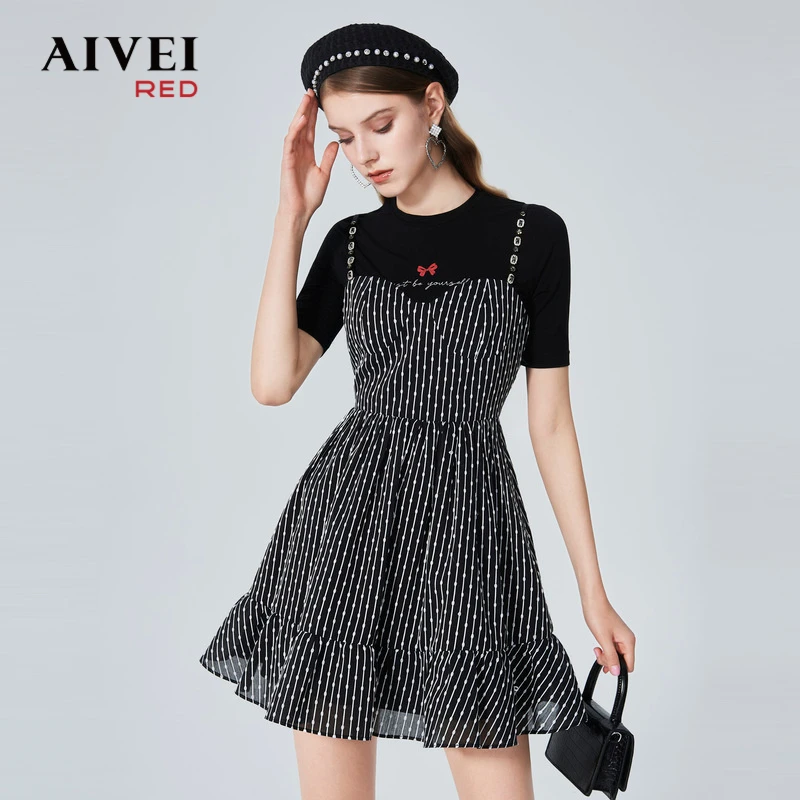AIVEI艾薇春夏T条纹吊带两件套连衣裙P0160057