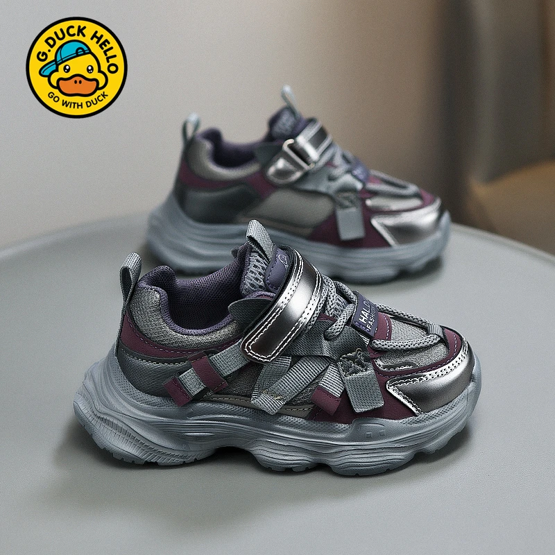 小黄鸭童鞋女童鞋2025春季新款皮面防水老爹鞋轻便减震儿童运动鞋