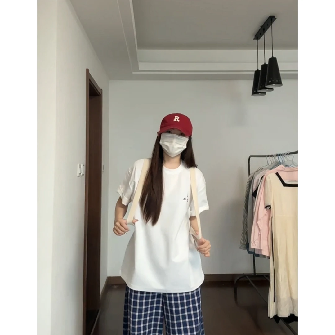 新款韩版夏季时尚套装圆领短袖t恤女百搭高腰格纹直筒阔腿拖地裤