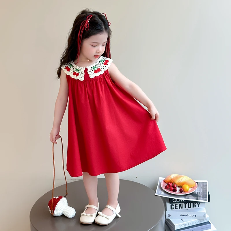 女童翻领绣花连衣裙2025夏季新款小女孩韩版红色周岁公主裙子洋气