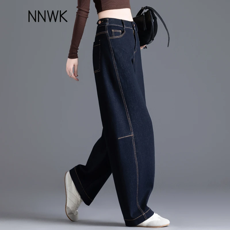 丹宁蓝休闲牛仔裤女款爆款2025新款春秋季阔腿哈伦裤弯刀裤老爹裤