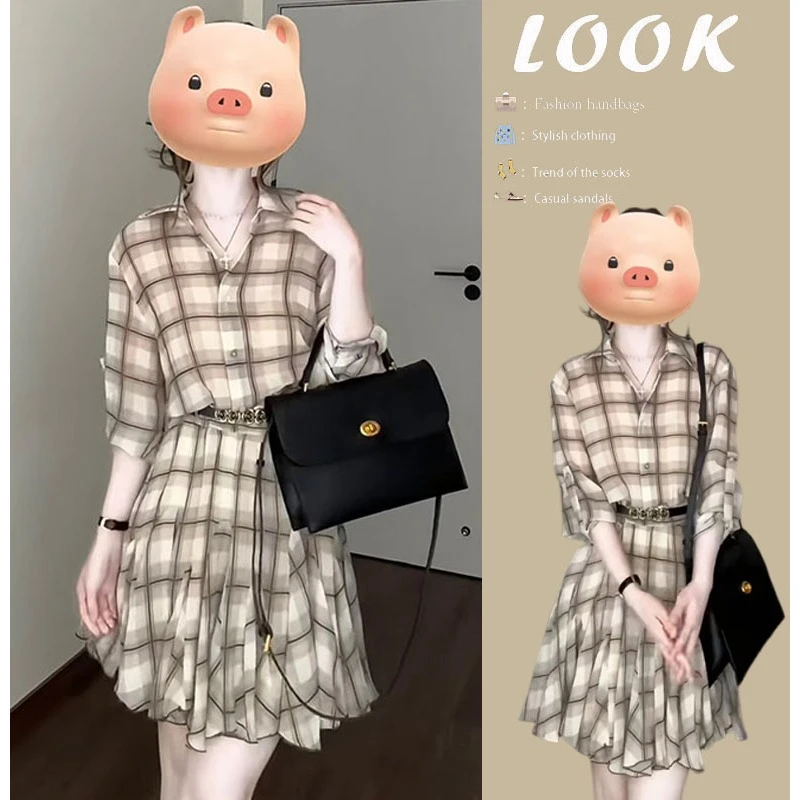时尚穿搭女2025夏季新款气质高级感百搭显瘦polo领格纹连衣裙女潮