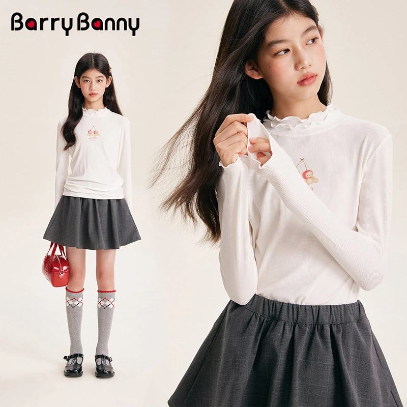 BarryBanny女童打底衫2025春秋款T恤花边领薄款长袖儿童洋气上衣