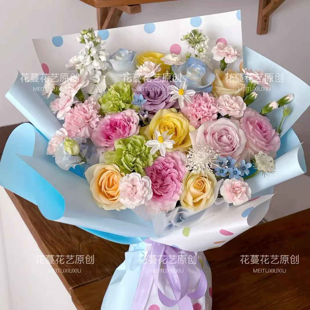 【海盐彩虹】夏日多巴胺花束 12支彩色玫瑰混搭康乃馨紫罗兰花束