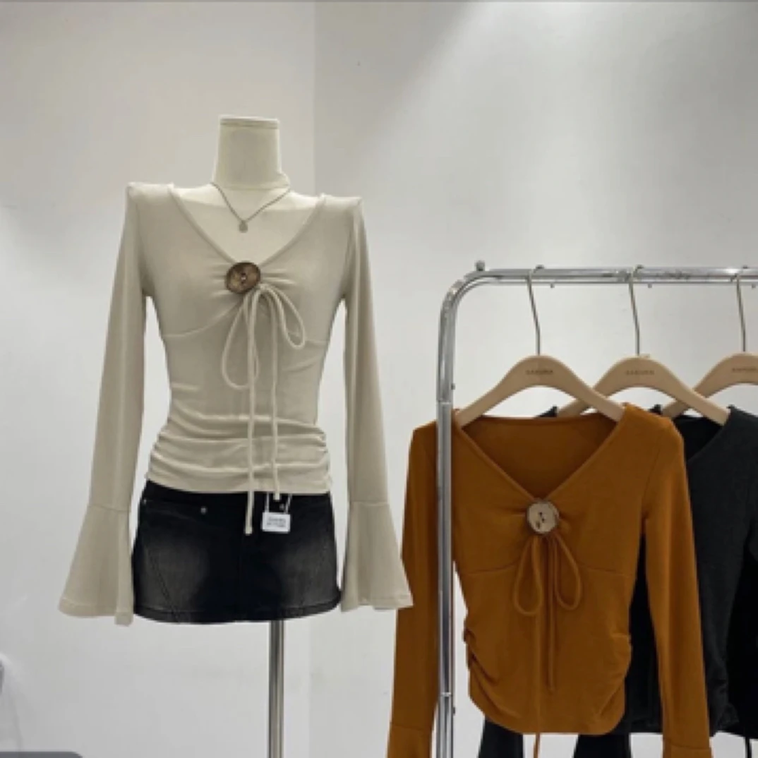 2024新款修身显瘦小众百搭连衣裙气质长袖辣妹短款收腰抽绳系带