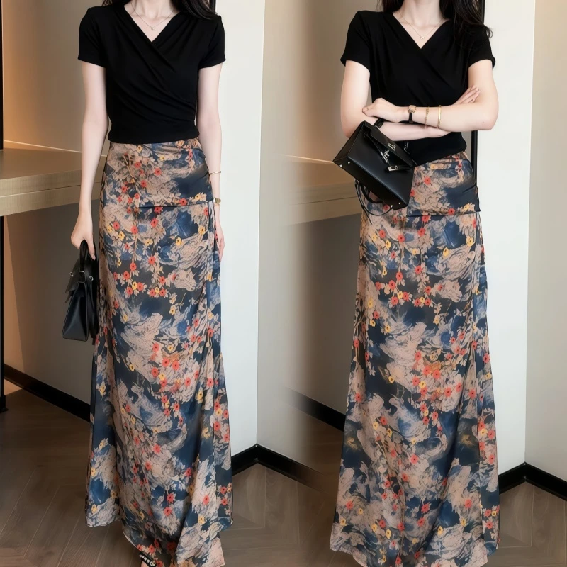 罗芬面料故事旗舰店女装百搭显瘦V领绑带T恤碎花显瘦开叉半身裙