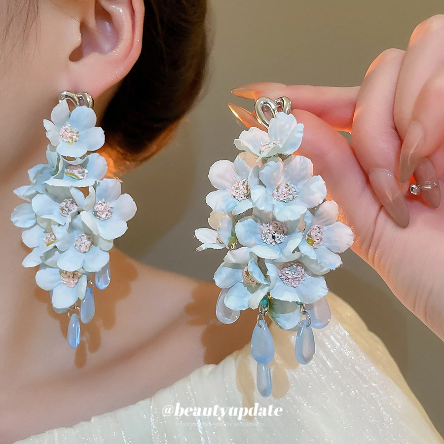 合金耳饰 蓝色花朵珍珠流苏耳环清新氛围感耳钉超仙轻奢耳饰